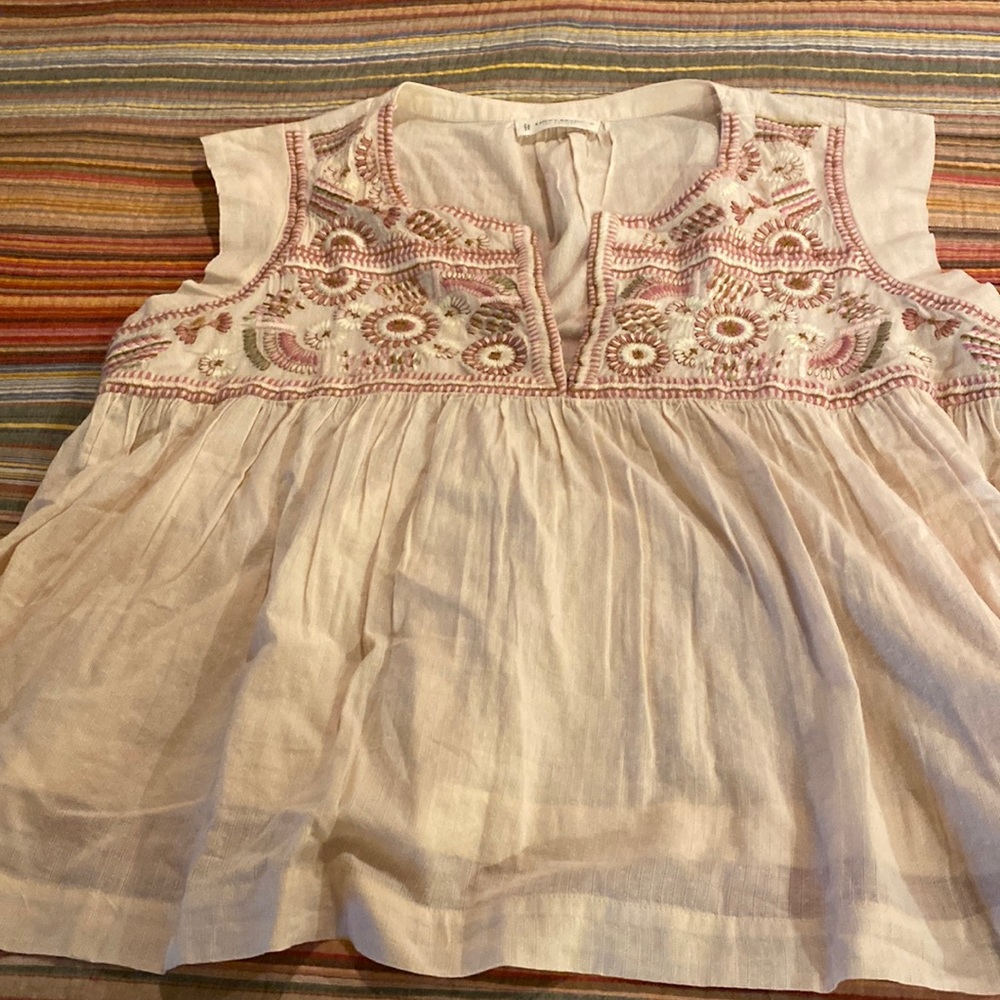 Cap sleeve blouse with embroidery top front. Lucky brand